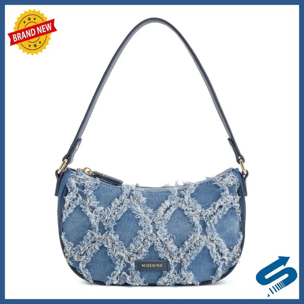Distressed Denim Hobo Shoulder Bag with Adjustable Strap Mini Purse - Picture 1 of 8